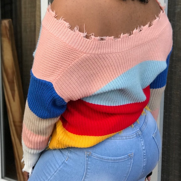 Loose fitting Multi Color Off The Shoulder Sweater - Picture 1 of 3